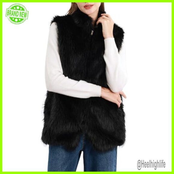 Faux Fur Vest Sleeveless Jacket Zip Up Stand Collar Pockets - Picture 3 of 5